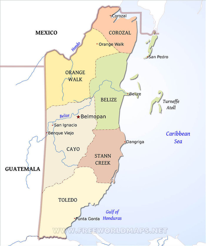 Map of Belize, Districts & Major Cities