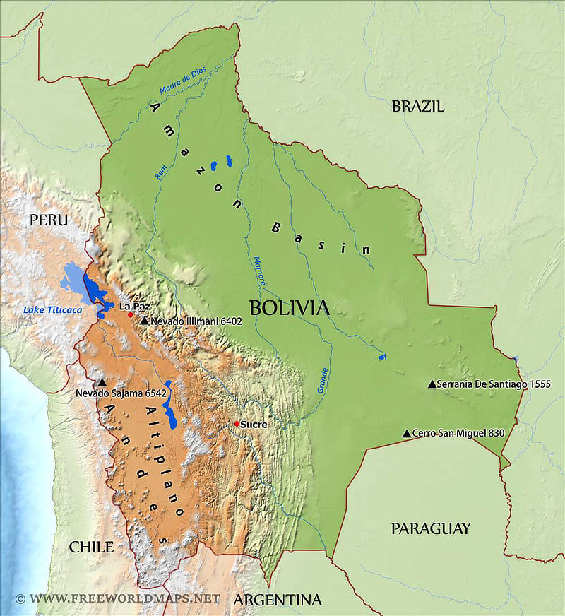 Map of Bolivia in South America 