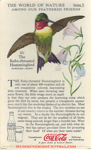 The World of Nature, Series V, "Among Our Feathered Friends" ... the Ruby-Throated Hummingbird, card distributed by the Coca-Cola Co., circa 1930s
